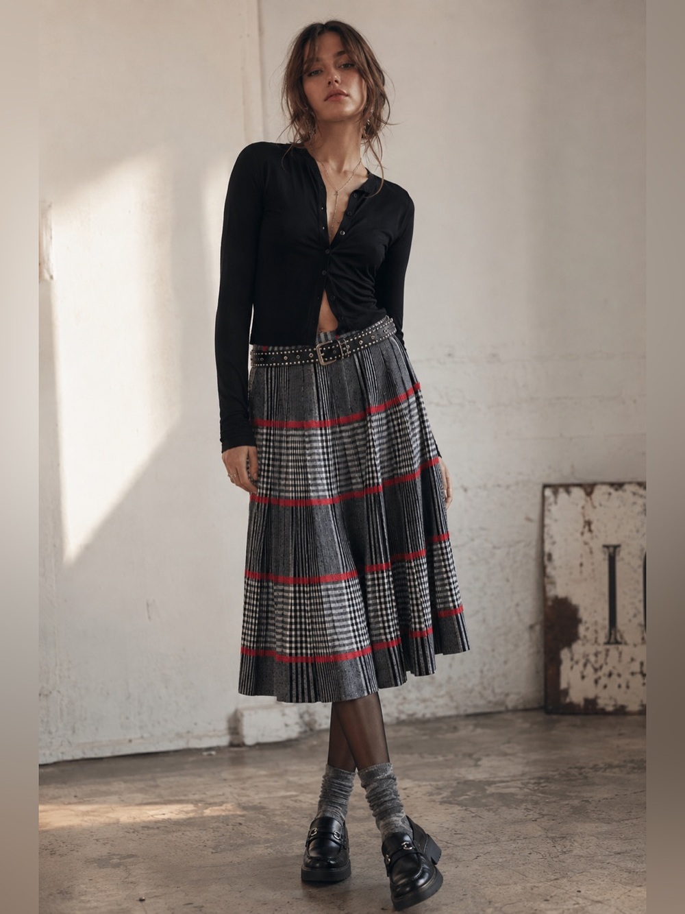Vintage Evan Picone Plaid Pleated Midi Skirt Size 6 Dark Academia 90s